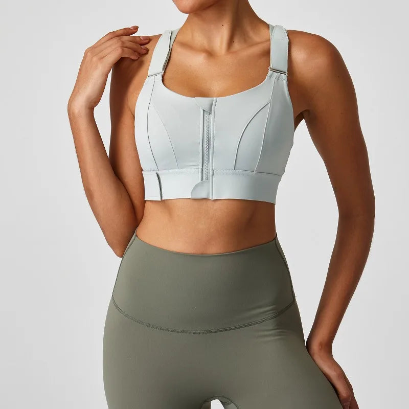 Large size sports lingerie women's shock-proof high-strength/front zipper Velcro fitness running fixed cup yoga bra