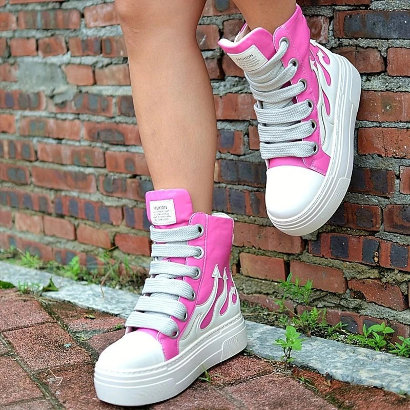 Women's High Top Flame Sports Shoes Wide Lace Up Casual Sneakers/For Woman Flat Platform Ladies Embroider Sneakers Girls Tennis