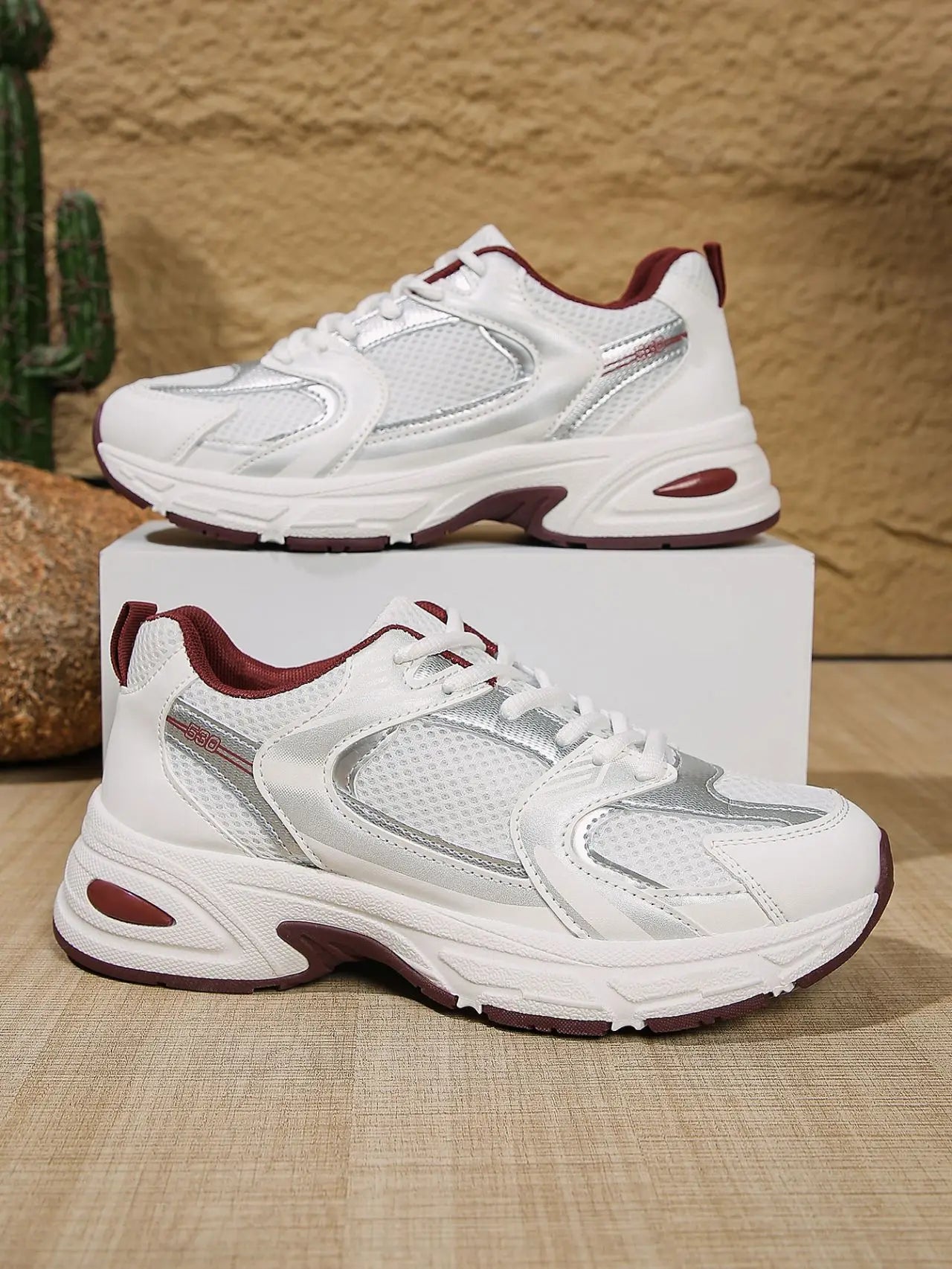 Women's White Retro Shoes Breathable Mesh Platform Sneakers/Chunky Casual Non-slip Walking Shoes Lightweight Lace-up