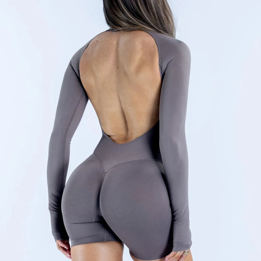 NCLAGEN Active Long Sleeve One Piece Women Seamless Yoga/Fitness Workout Short Jumpsuit Backless Set Gym Sportswear