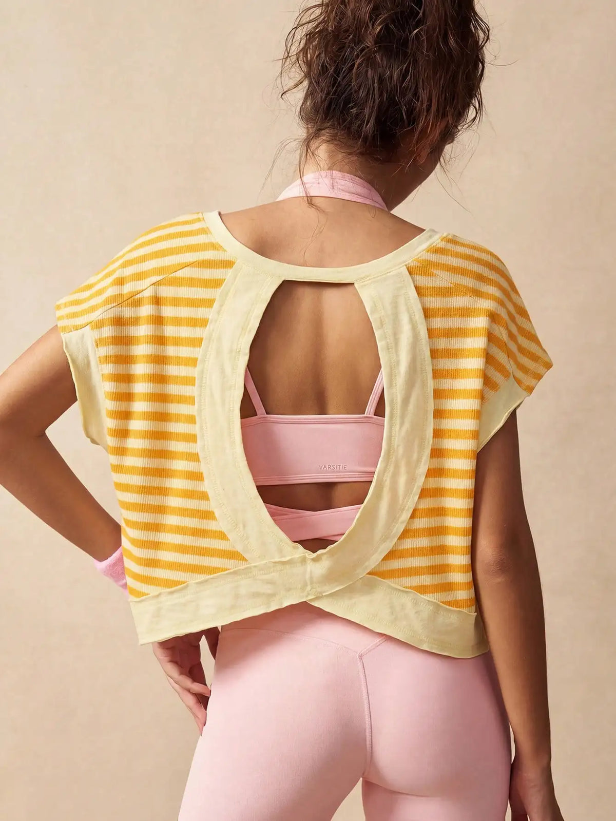 Women Striped Open Back Workout/Top Gym Crop Top Summer Active Wear Shirts