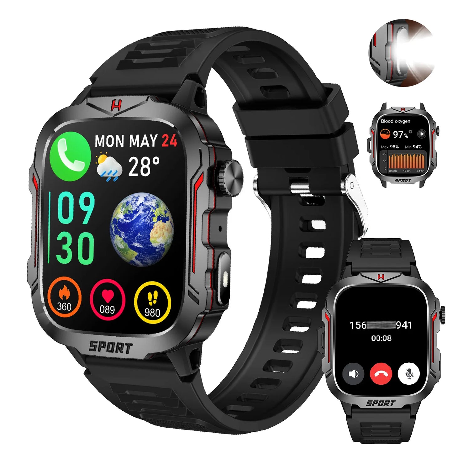 Strong Flashlight Smart Watch for Men/Women, 1.96'' Screen Fitness Tracker/with AI Voice Assistant/ Bluetooth Call/ 100+Sports