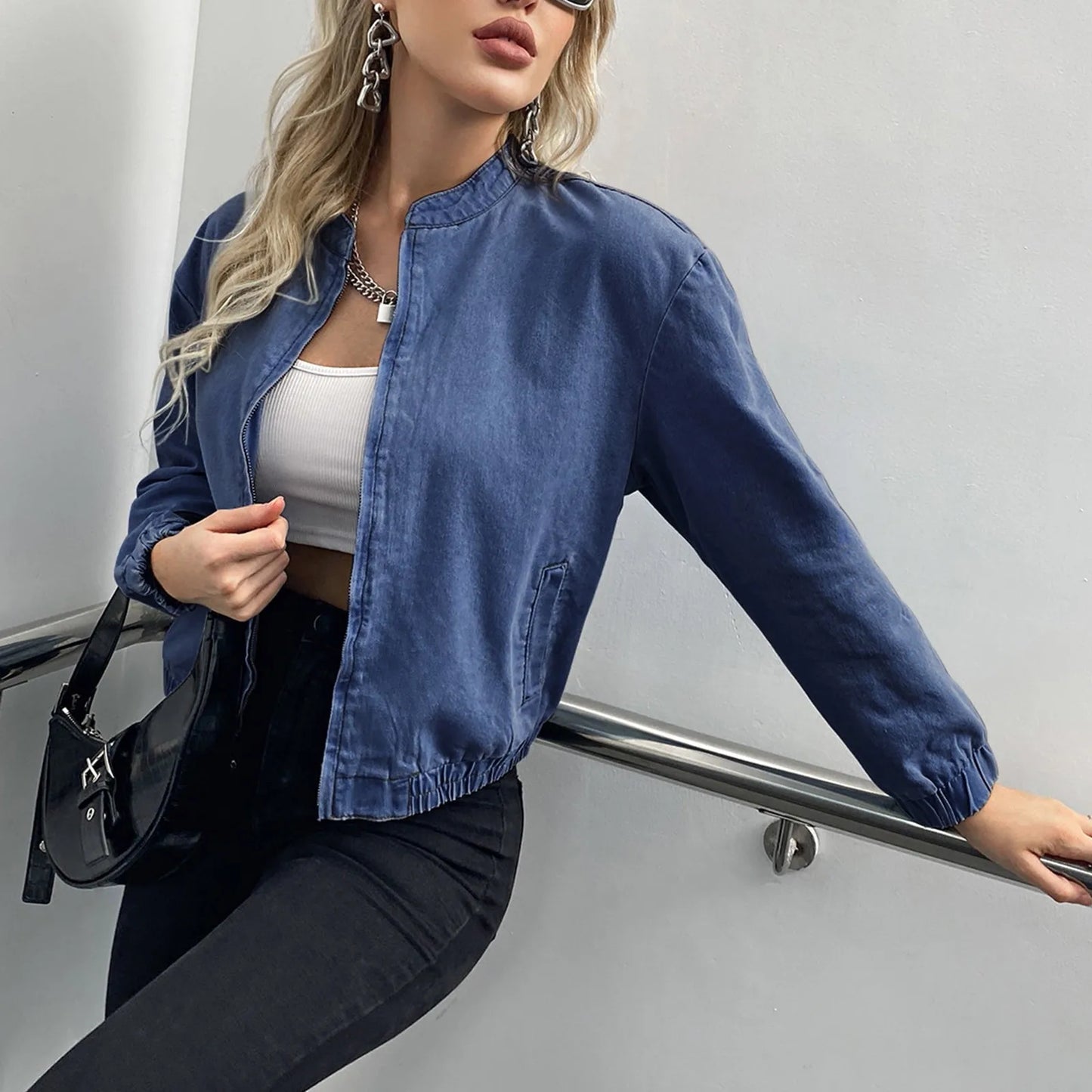 Ladies Zipper Denim Jacket Women Stand Collar Short Coats/Tops Bomber Jacket Women With Pockets Casual