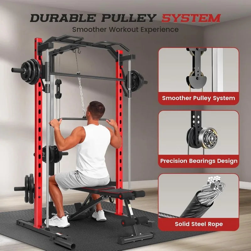 OPPSDECOR Smith Machine Power Rack for Home Gym/All-in-One Power Cage Squat Rack with LAT Pulldown Cable Machine