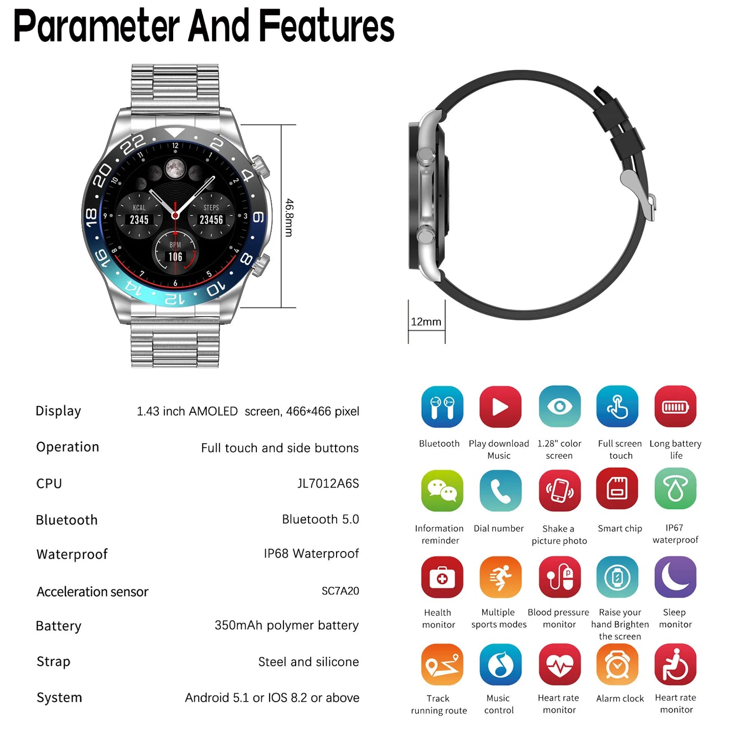 Smart Watch Men 1.43 Inch HD AMOLED Screen Bluetooth Call Fitness Watch/Heart Rate Sleep Monitoring Smartwatch