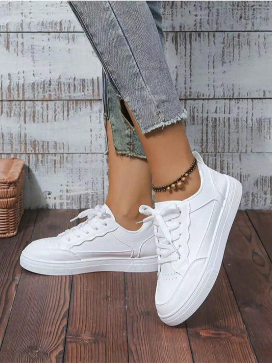Women's/Men's All White Casual Sneakers Breathable Lace-Up Platform Shoes/Fashion Daily Walking Sneakers for All Seasons