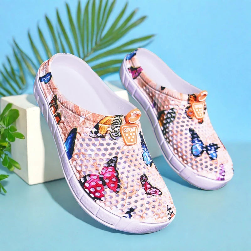 Women's Lightweight Slip-On Clog Shoes Butterfly Print Flat Bottom/Indoor Outdoor Beach Casual Sandals Comfortable Home Slippers