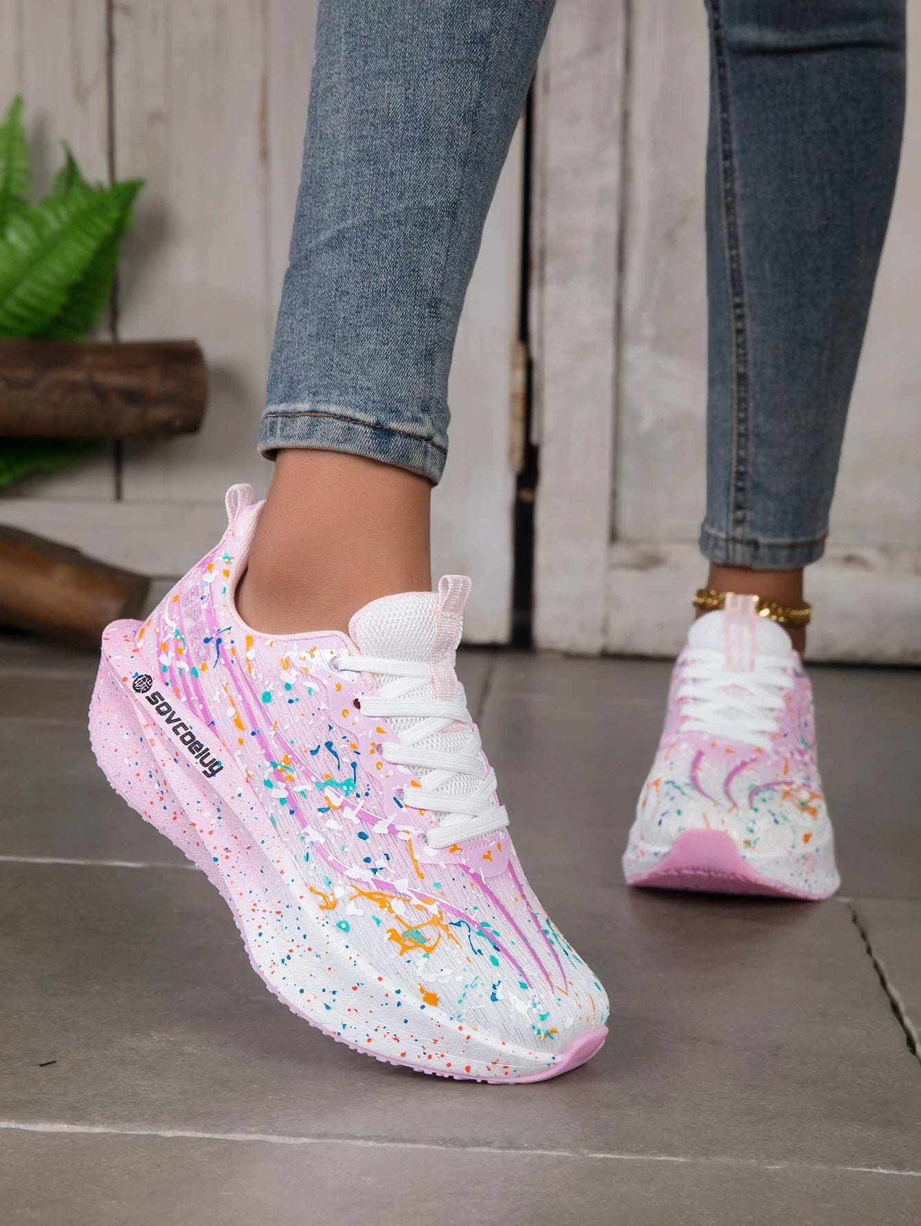 Women Splatter Paint Gradient Running Sneakers Breathable Flying Weave/Mesh Lightweight Shock Absorb Non Slip Fashion Athletic