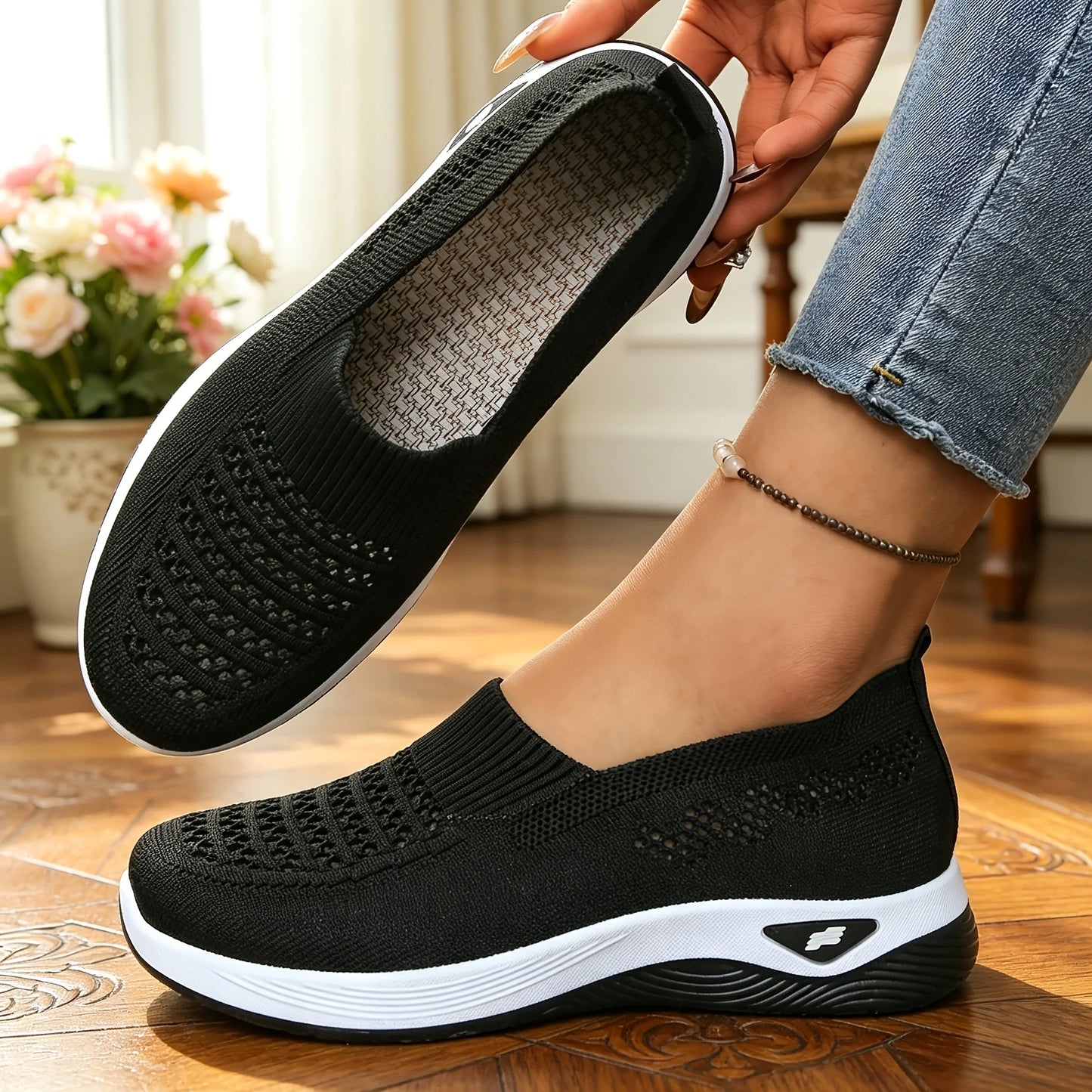 Women Hollow Flying Knit Slip On Wedge Walking Shoes Breathable Mesh/Lightweight Cushion Platform Non Slip Soft Sole Comfort Loafers
