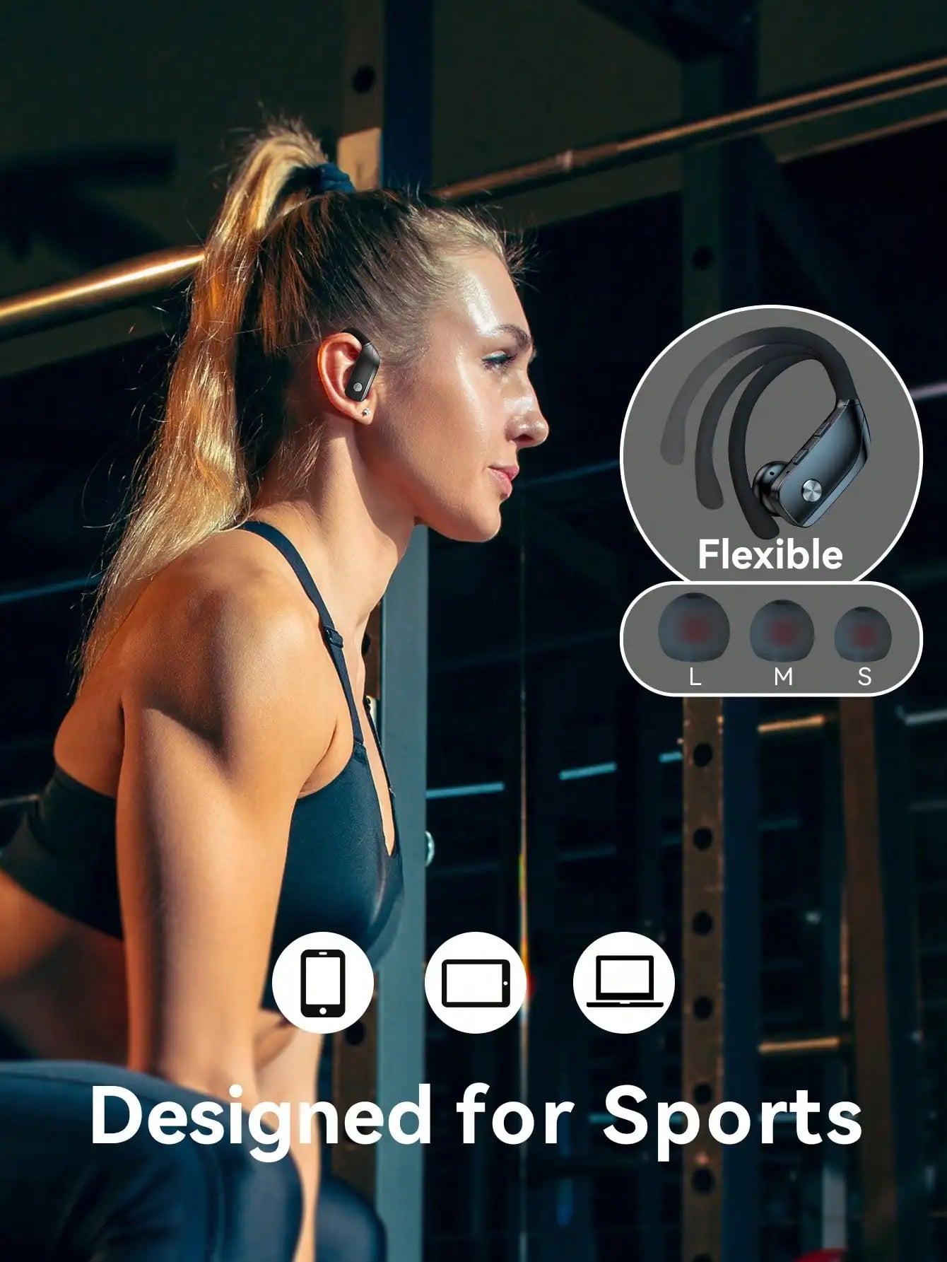 T16 Bluetooth 5.0 Ear-Hook Sports Earphones, IPX5 Waterproof ABS Earbuds/Wireless Charging Case, Dual LED Display, 48H Playtime