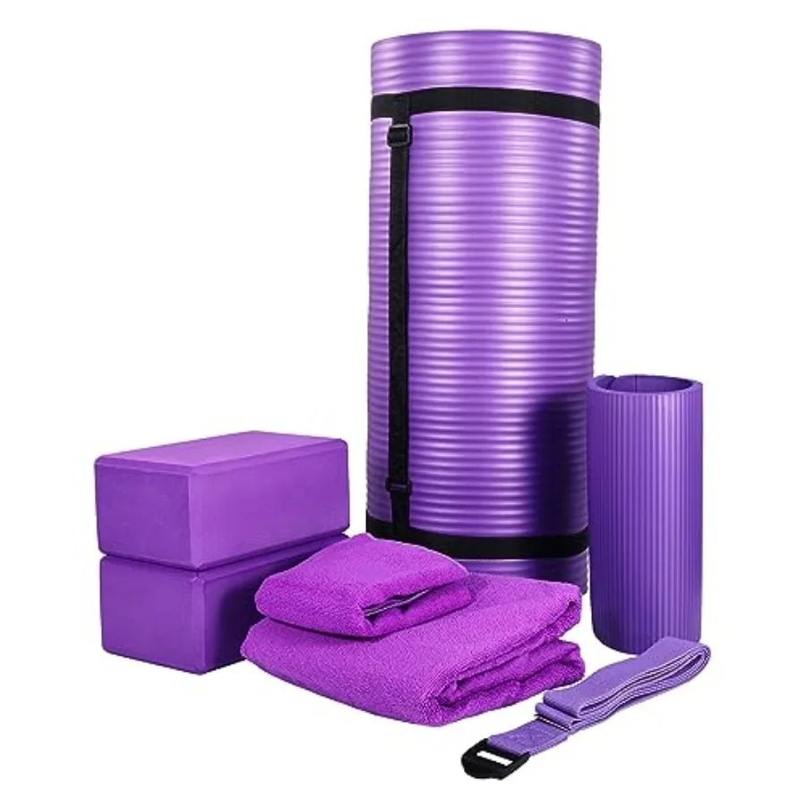 7-Piece Yoga Set with 71x24x1 Inches Extra Thick Mat/and Carrying Sling Includes 2 Blocks, Stretch Strap 2 Towels and Knee Pads