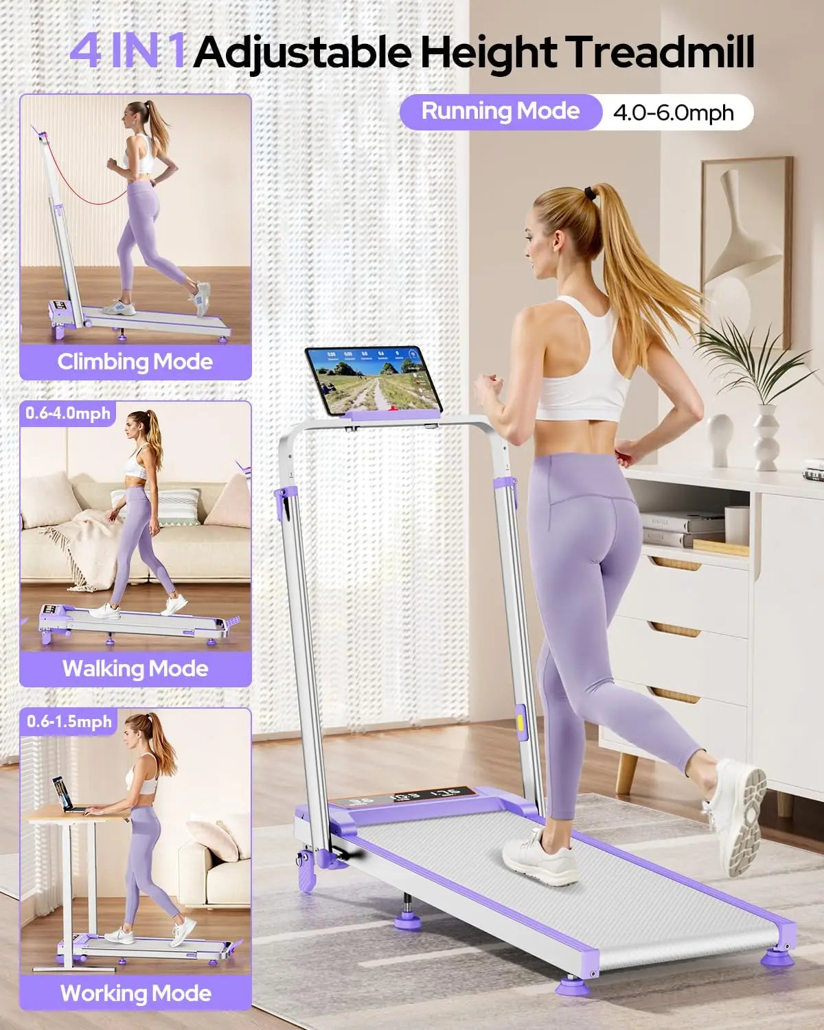 Walking Pad Treadmill with 15% Incline/Adjustable Height,3.5HP Walking Pad/with Handle Bar Foldable Under Desk Treadmill 350LBS