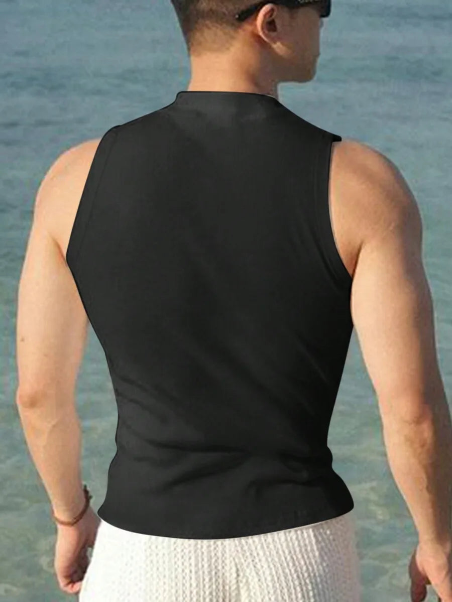 Manfinity Men's Solid Color Casual Modest/Stand Collar Black Tank Top, Summer Vacation