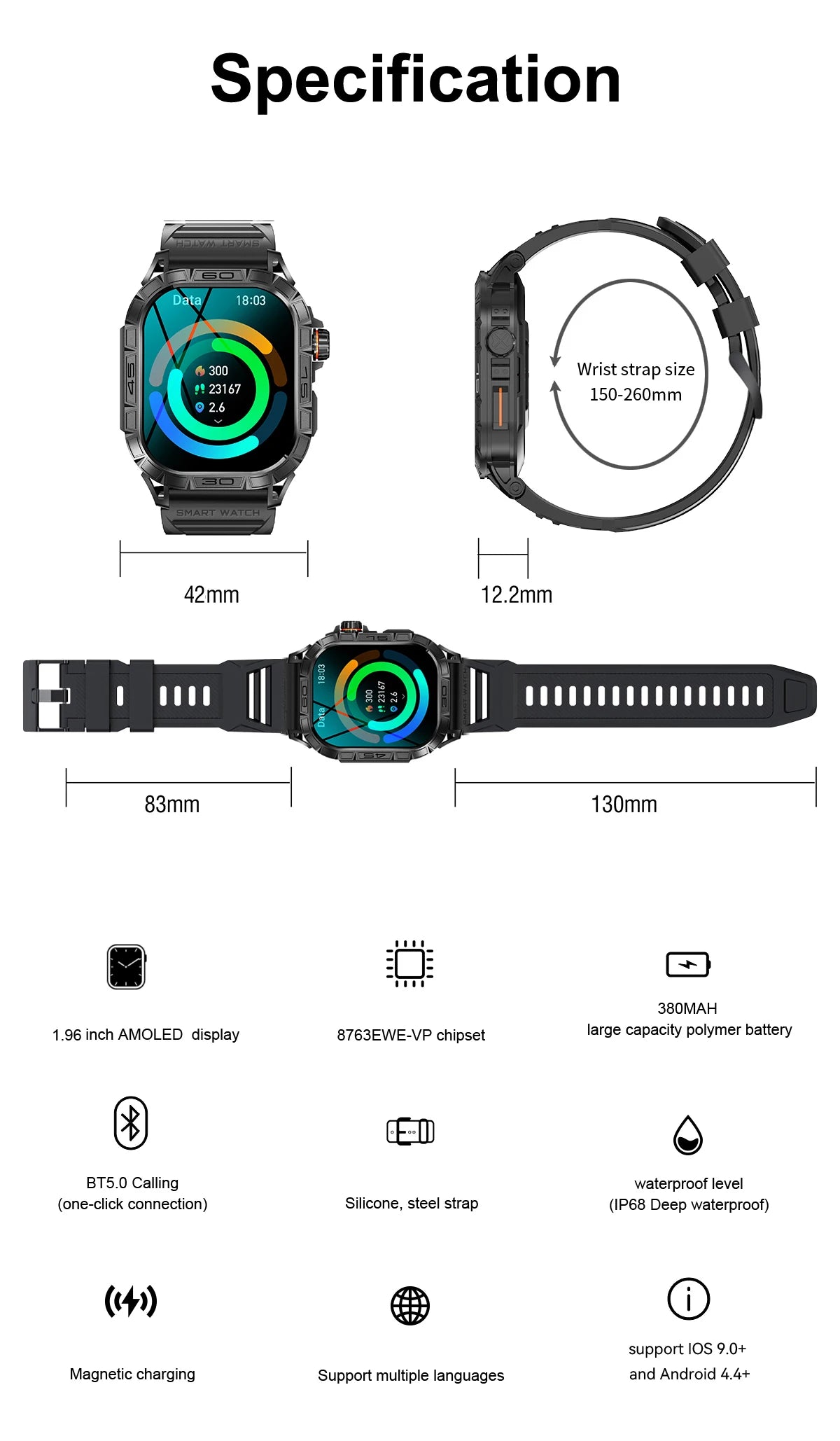 EIGIIS New Smart Watch ED Display 100+ Sport Mode With Compass/IP68 Waterproof Bluetooth Call Heart Rate Blood Pressure Men K63