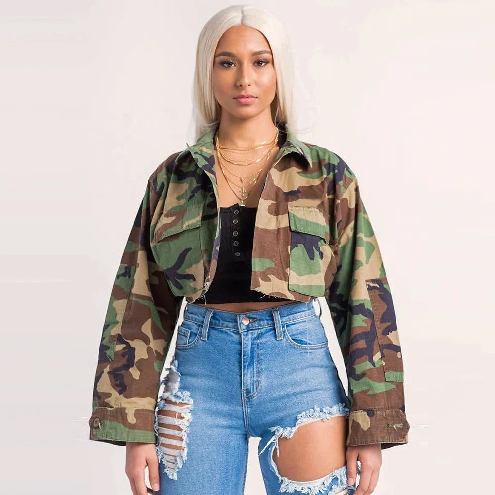 Fall Camouflage Green Jackets For Women/Print Long Sleeve Crop Tops Jackets