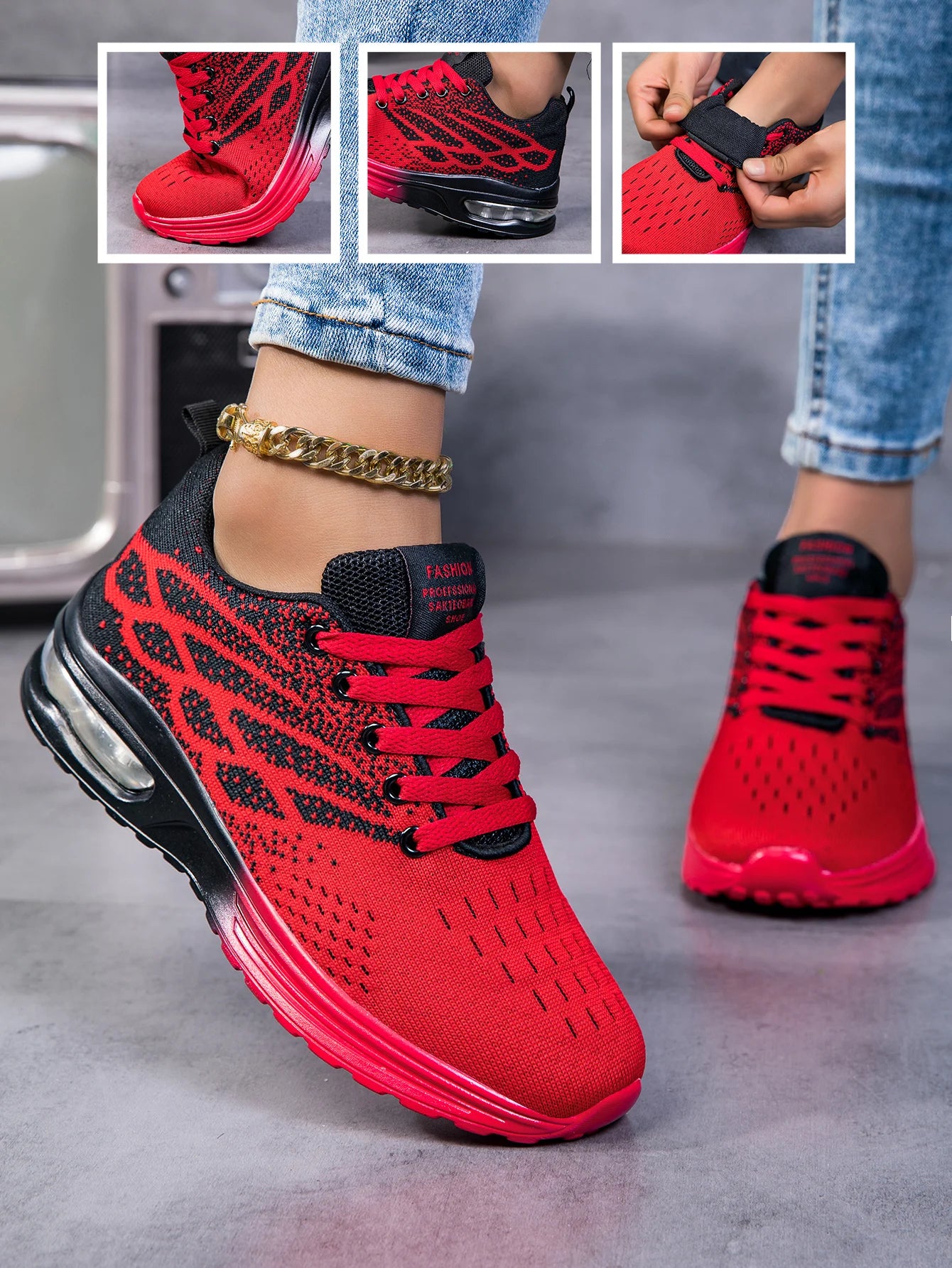 Women Air Cushion Running Sneakers Breathable Knit Mesh Shock Absorbing/Non Slip Lightweight Lace Up Sports Shoes Outdoor Walking Shoes