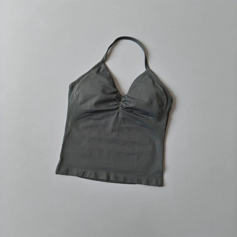 Longline Strappy Seamless Yoga Tank Top Backless/Gym Vest with Built-in Bra Sleeveless Workout Top