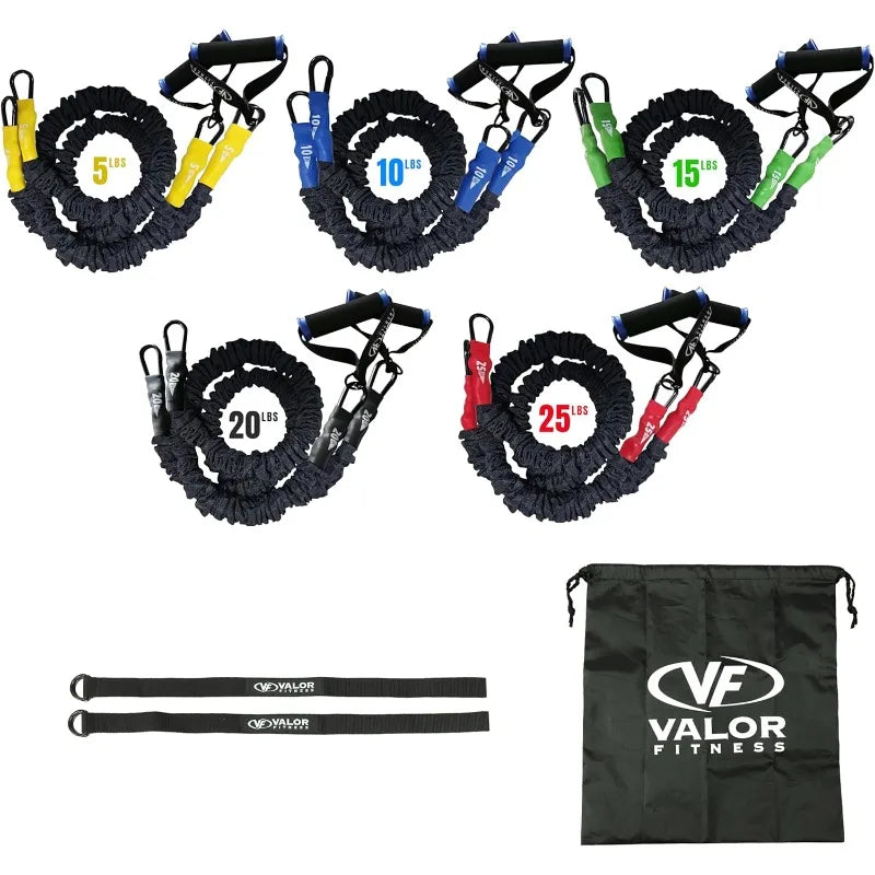 Valor Fitness Resistance Bands - 5lb to 25lbs Carabiners Attached/2 Bands per Weight Option with Handles– Sheath Covered