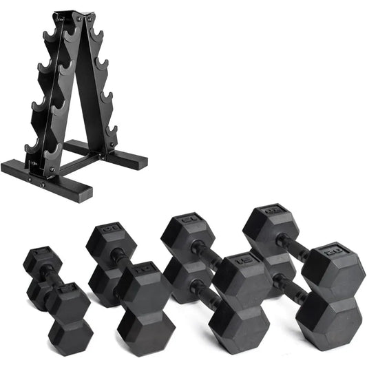 Rubber Coated Dumbbell Weight Set with Vertical Rack/100 lb 150 lb 210 lb Options in Black for Home Gym Use