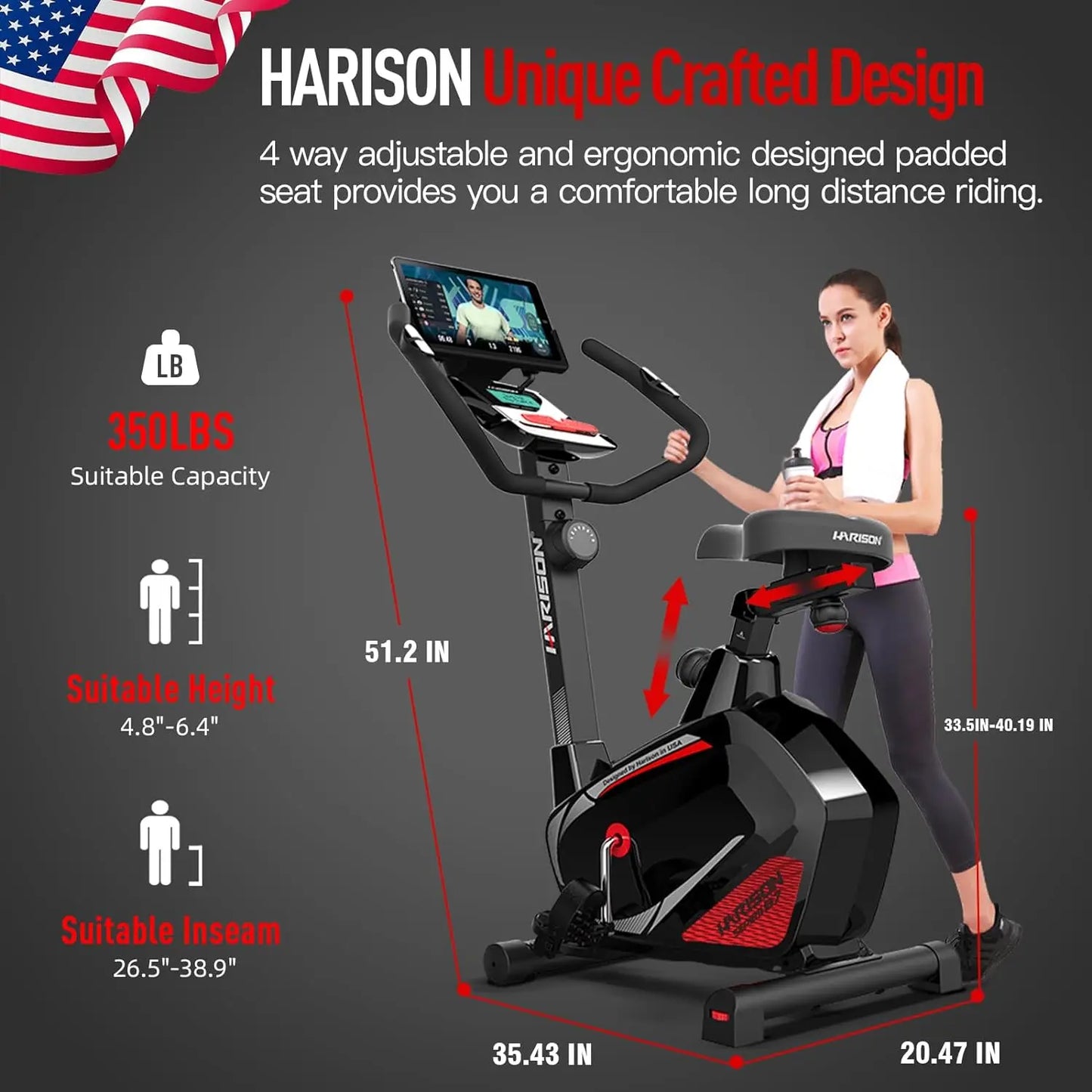 HARISON Magnetic Exercise Bike with Bluetooth/Upright Exercise Bike Stationary Bikes 350 LB capacity