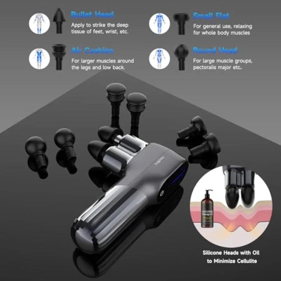 Mini Massage Gun - Deep Tissue Percussion Massager with Dual Heads/5 Speed Levels 4 Attachments Portable Handheld Muscle Recovery
