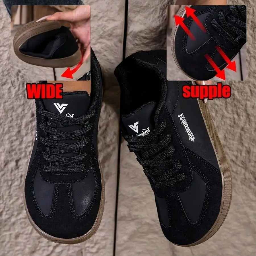 Women Retro Low Top Sneakers Wide Toe Box Lace Up Soft Leather/Flat Gum Sole Minimalist Casual Walking Trainers Office Daily Travel