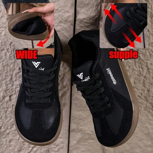 Women Retro Low Top Sneakers Wide Toe Box Lace Up Soft Leather/Flat Gum Sole Minimalist Casual Walking Trainers Office Daily Travel