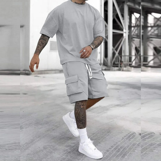 2-Pack Men's New Multi-Pocket Cargo Pants and Short Sleeve T-Shirt Set/Stylish Fit  Suitable for Sports Casual Wear Shirt