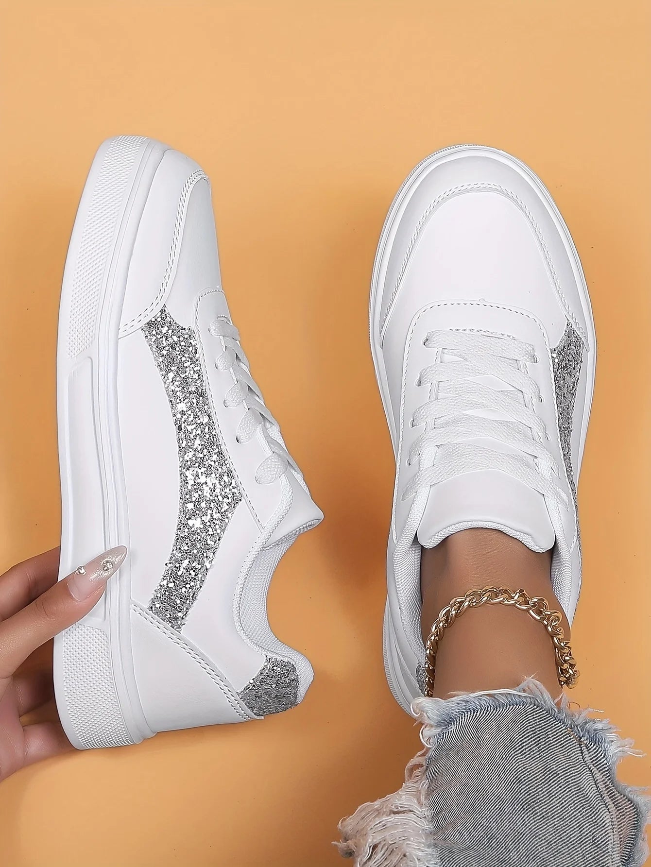 Women's Low-top Casual Sneakers, Sequin Trendy Lightweight Flat Shoes/Breathable Upper Comfortable Fashionable