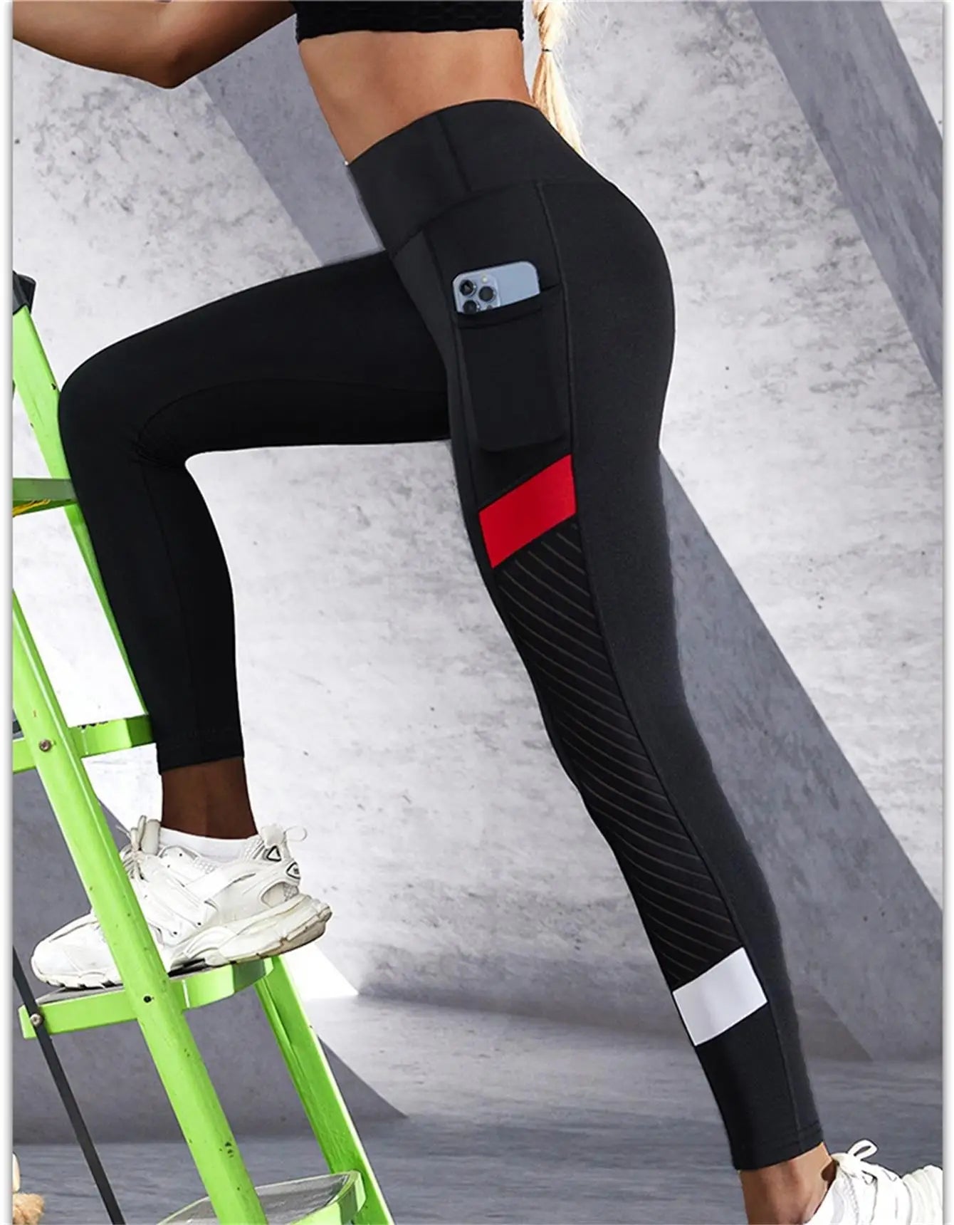 Color blocked Mesh High Waist Yoga Pants with Side Pockets/Leggings for Women Tummy Control Workout Shaping Leggings
