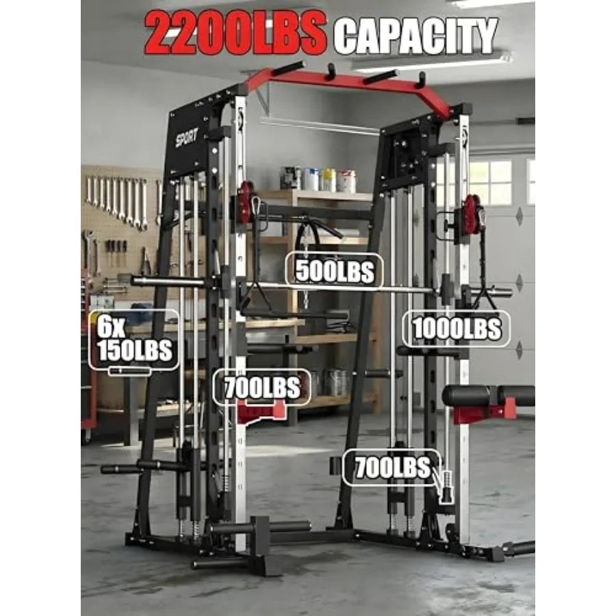 Smith Machine Home Gym All in One Power Cage 2200LBS Workout Equipment/Multifunctional Gym with Squat Rack Cable System LAT Pull