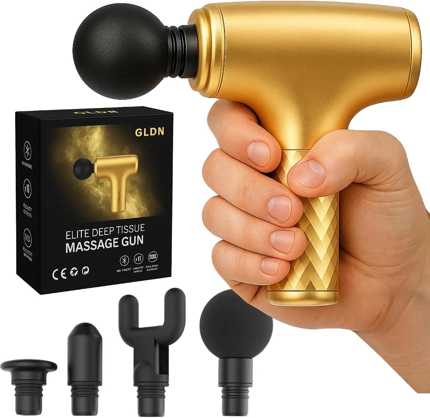 Mini Massage Gun with Gold Finish Deep Tissue Percussion Massager for Back/Neck Body Pain Relief 4 Heads Portable Electric Massager