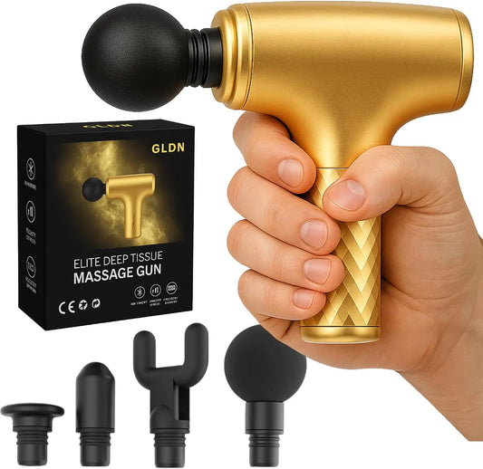 Mini Massage Gun with Gold Finish Deep Tissue Percussion Massager for Back/Neck Body Pain Relief 4 Heads Portable Electric Massager