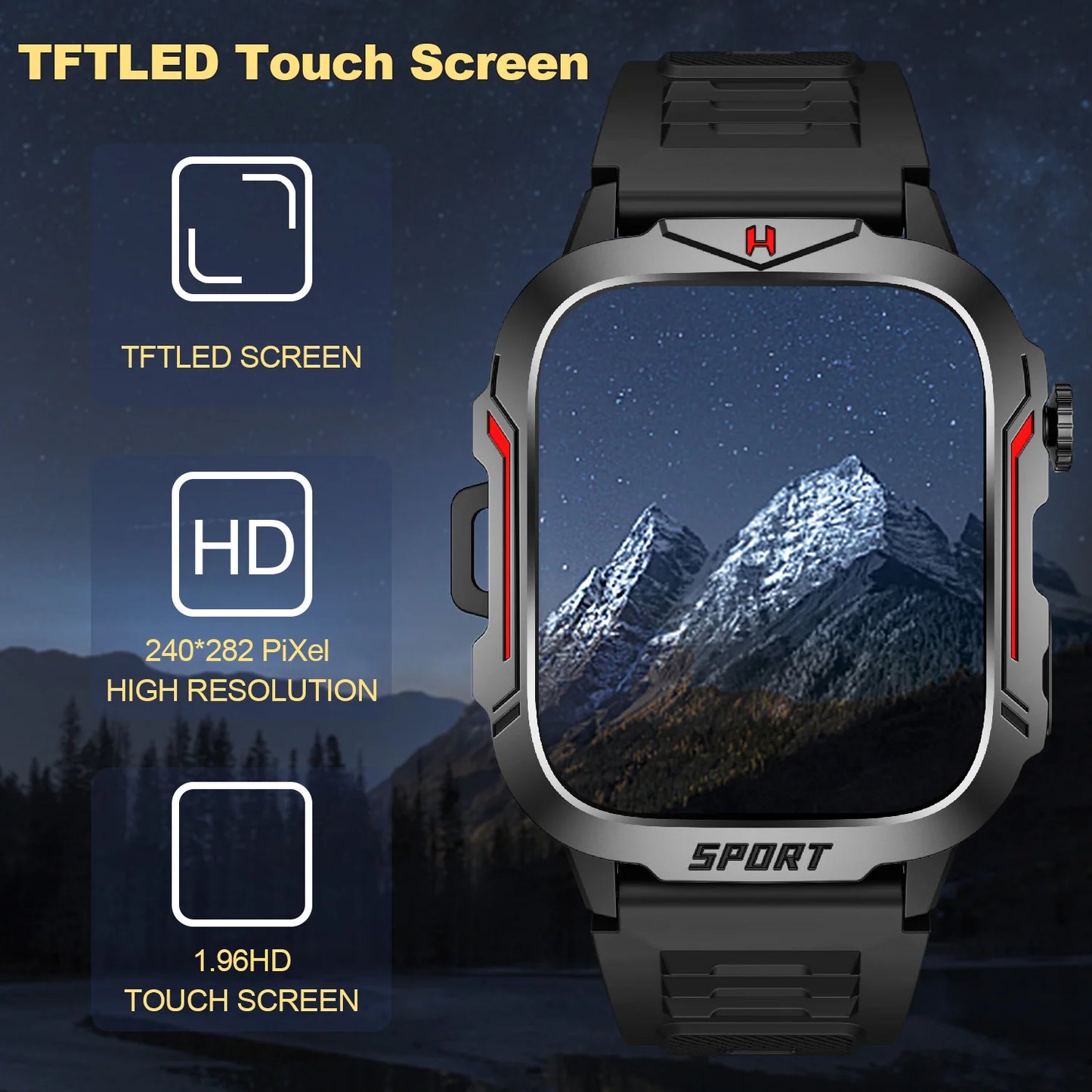 Strong Flashlight Smart Watch for Men/Women, 1.96'' Screen Fitness Tracker/with AI Voice Assistant/ Bluetooth Call/ 100+Sports