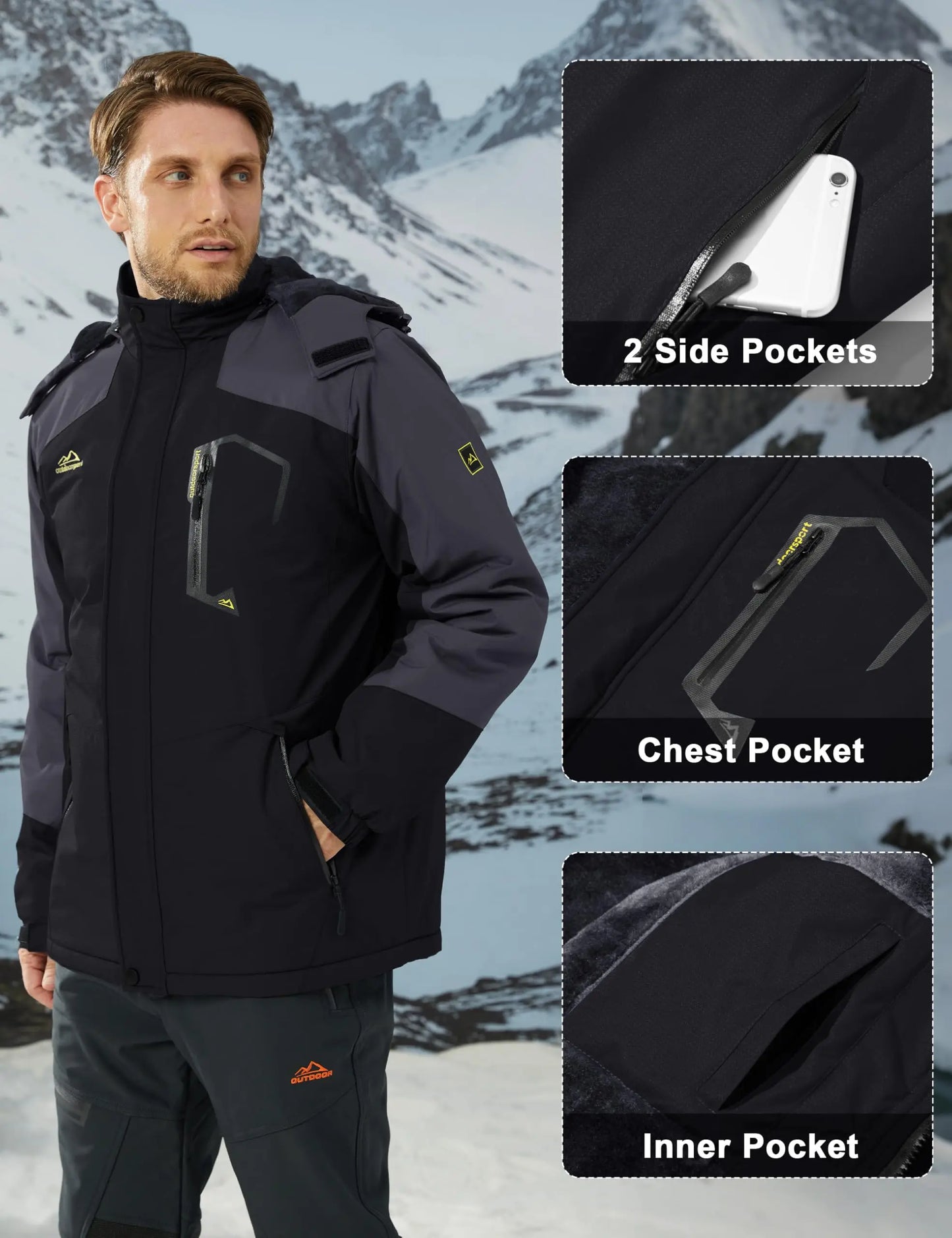 Men's Water-Resistant Ski Jacket Winter Fleece Lined/Snow Coat Warm Windproof Outdoor Jacket