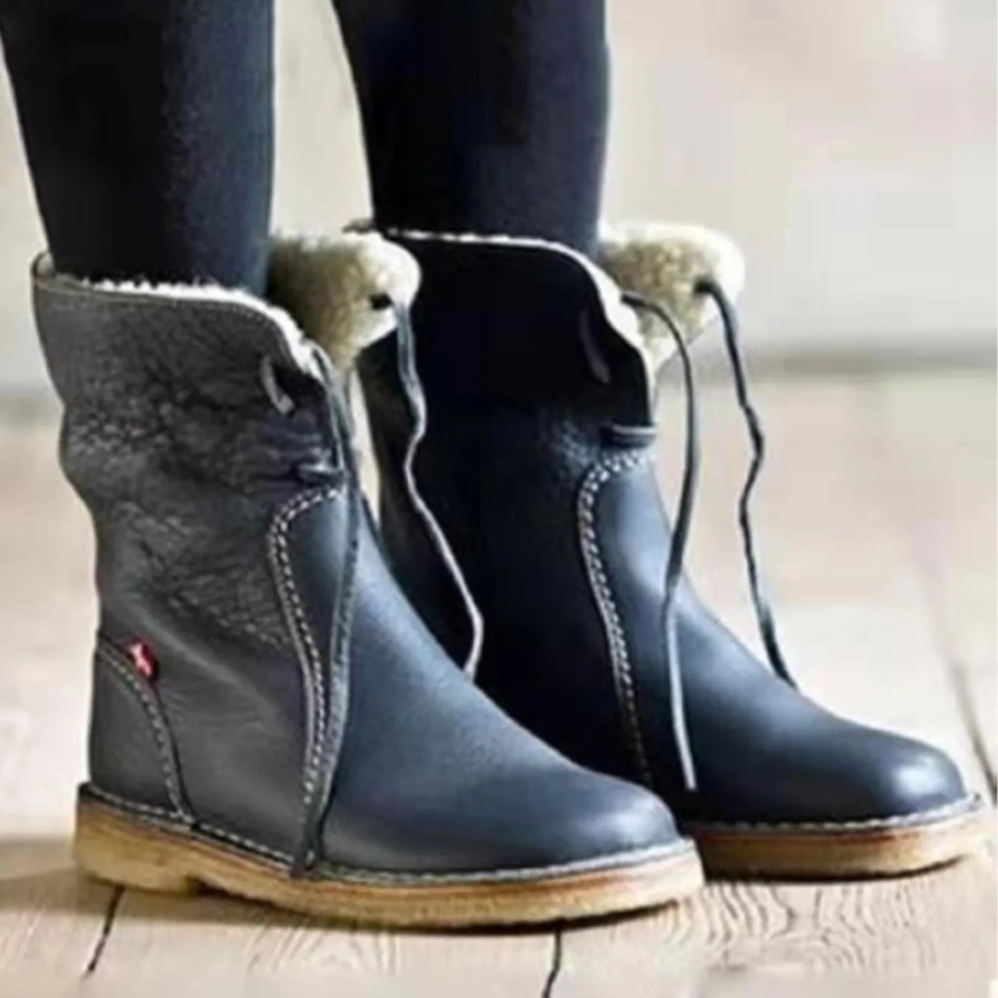 Flat Heeled Round Toe Casual Ankle Boots For Women Autumn And Winter/Front Lace Up Low Cut Tall Fleece-Lined Snow Boots