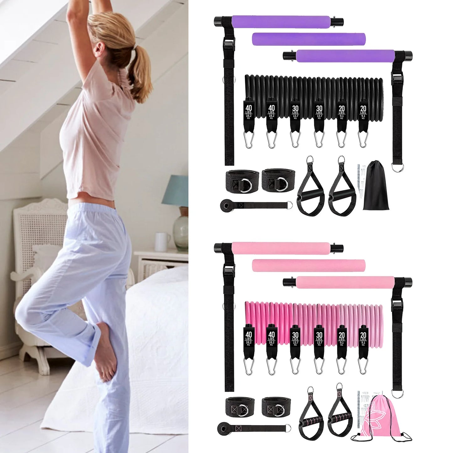 11pcs Portable Pilates Bar Exercise Kit Home Gym Pilates/Resistance Bar Kit for Home Workouts for All Fitness Levels