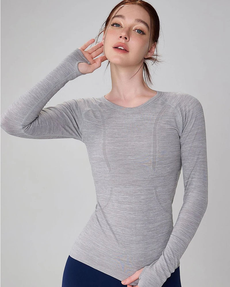 Yoga Clothes for Women, Sports Tops Round Neck Seamless Slim/Running Shirt Fitness Workout Long Sleeves Gym T shirt