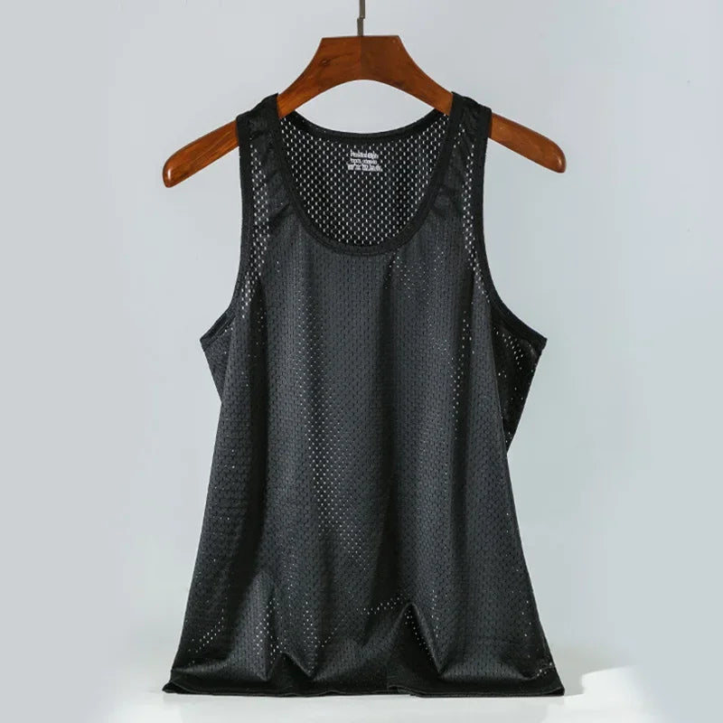 Men's Ice Silk Mesh Tank Tops Gym Stringer Transparent Bodybuilding/Sleeveless Shirt Fitness Vest Male mesh Muscle Shirt
