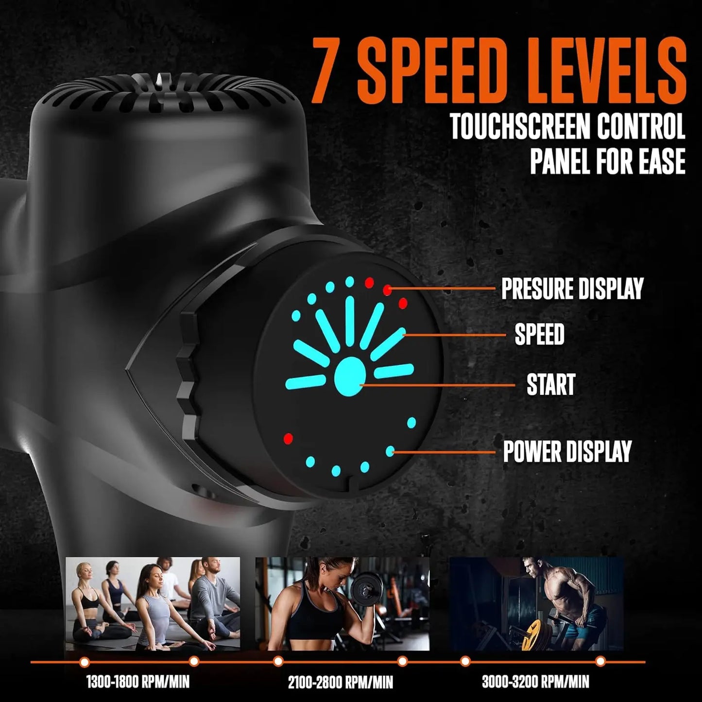 Portable Electric Massage Gun 7 Speeds, 8 Heads/4800mAh Battery, Low Noise Deep Tissue Massager