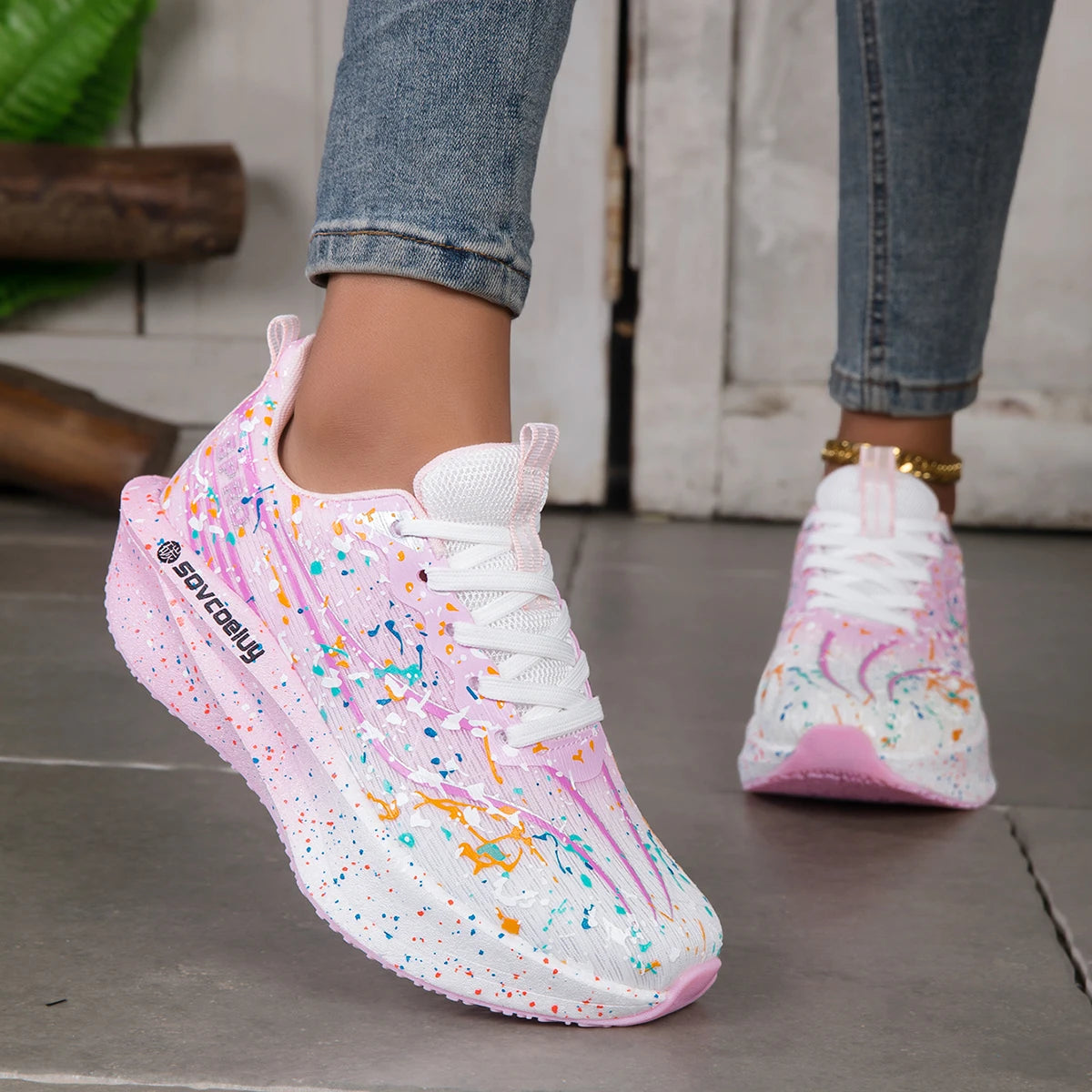 Women Splatter Paint Gradient Running Sneakers Breathable Flying Weave/Mesh Lightweight Shock Absorb Non Slip Fashion Athletic