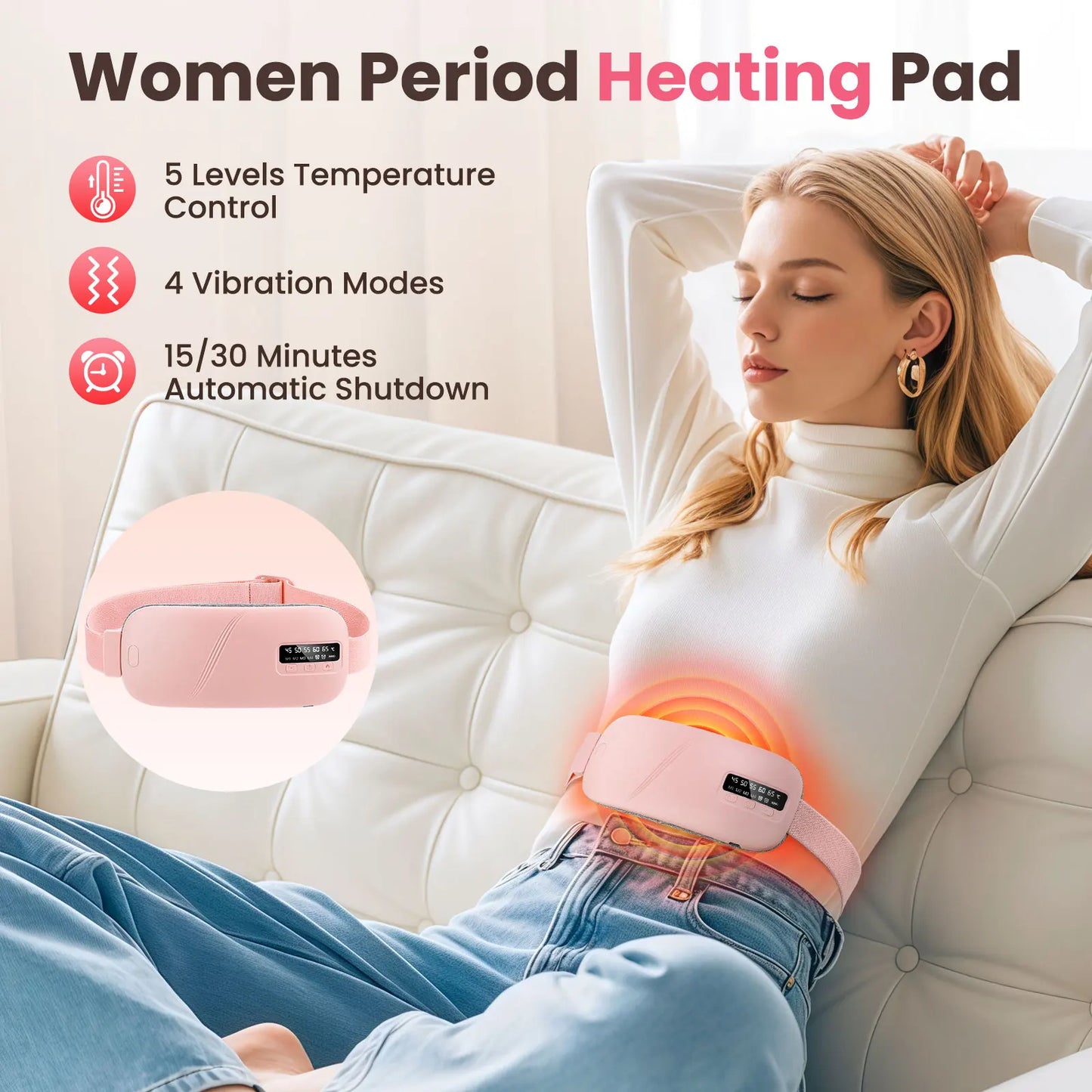 5 Modes Electric Heating Vibration Waist Massage Belt Smart Warm Palace/Women Menstrual Heating Pad for for Cramps Period Relief