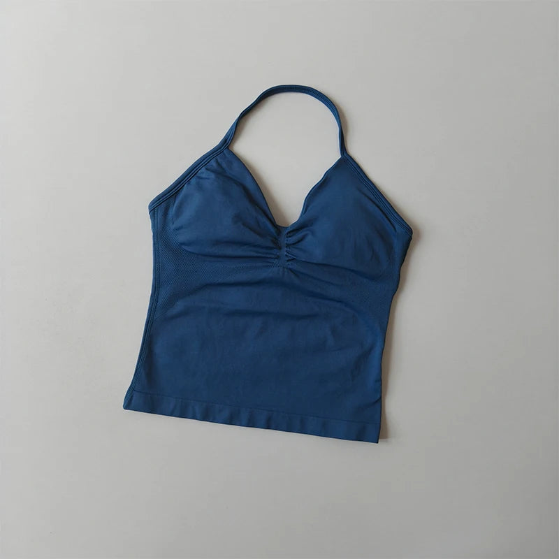 Longline Strappy Seamless Yoga Tank Top Backless/Gym Vest with Built-in Bra Sleeveless Workout Top