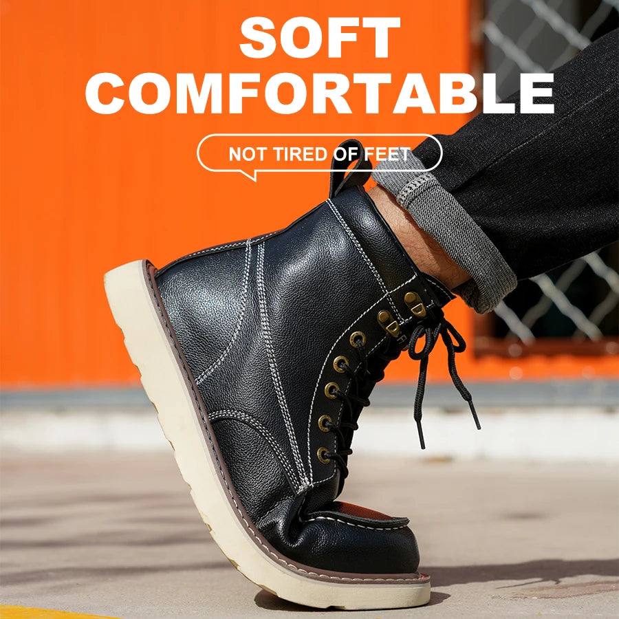 Two layer cowhide men's anti-smash/anti-puncture high top work safety shoes