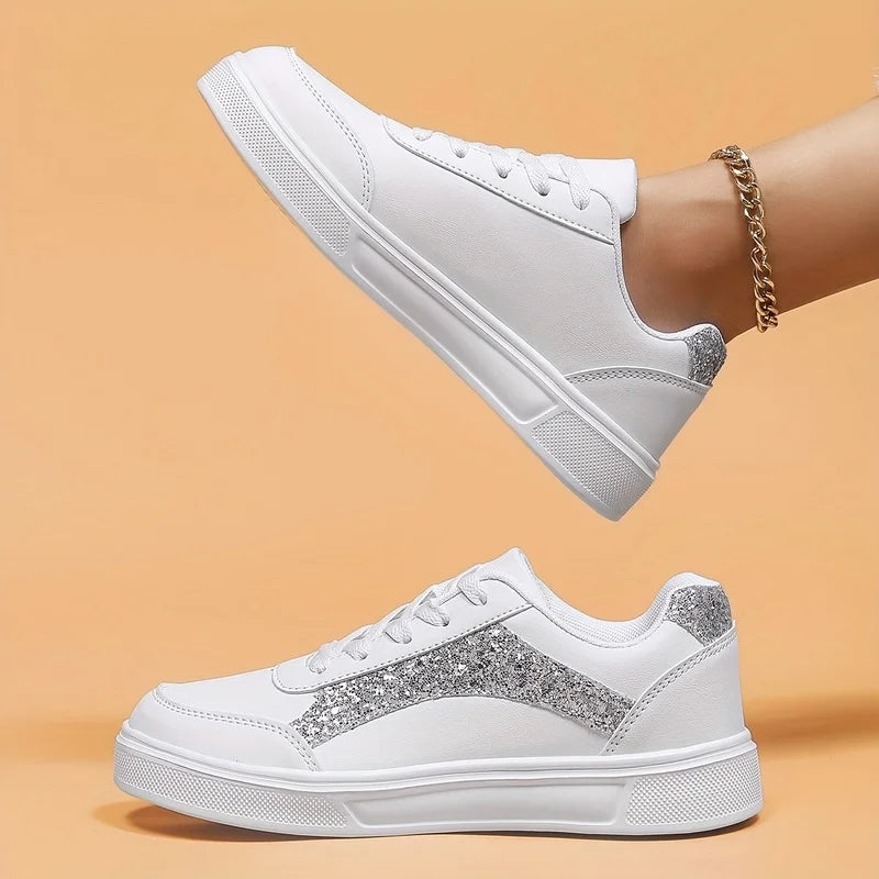Women's Low-top Casual Sneakers, Sequin Trendy Lightweight Flat Shoes/Breathable Upper Comfortable Fashionable