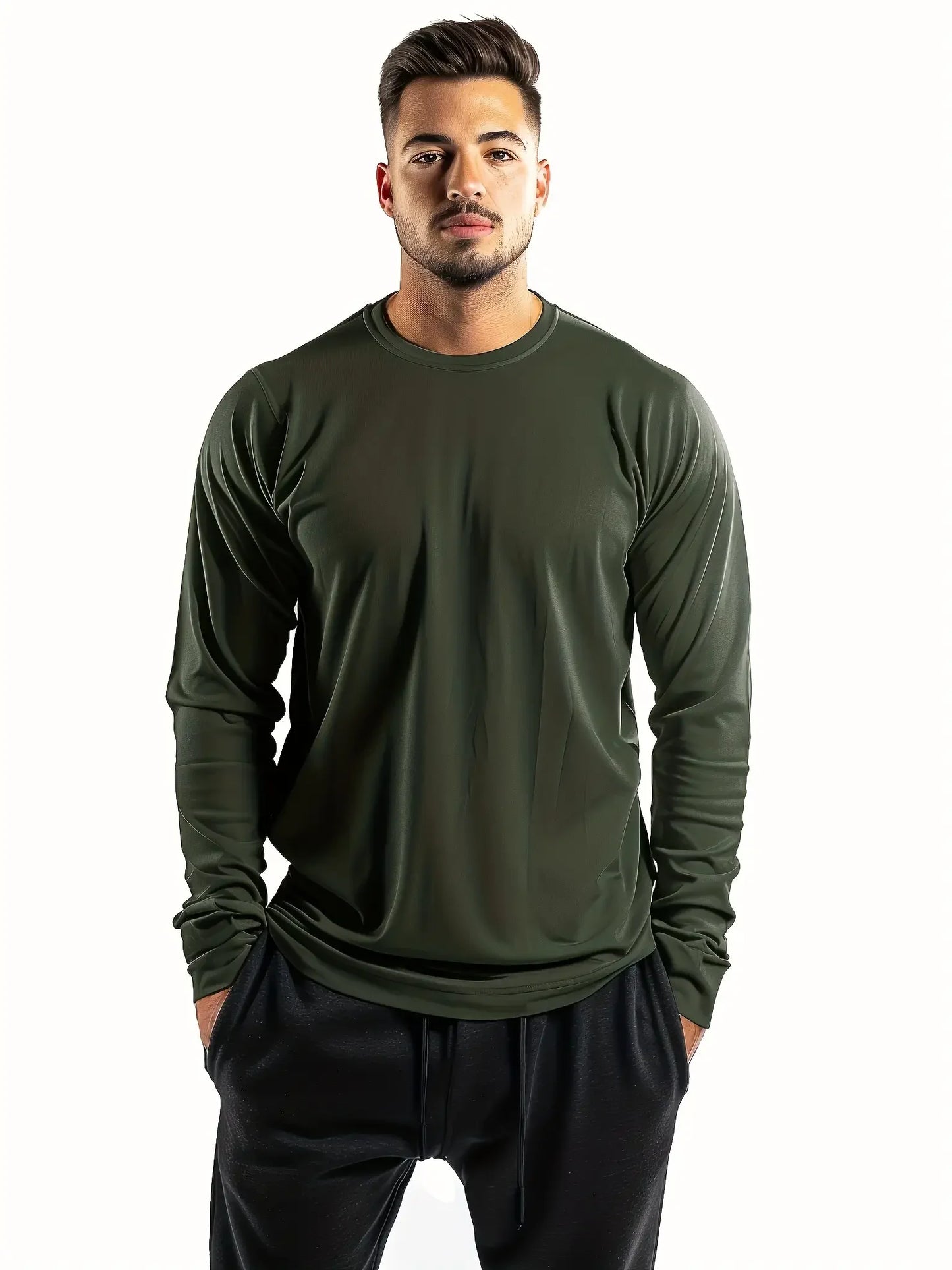 5-piece men's solid color round neck long sleeved/T-shirt, versatile design comfortable and fashionable