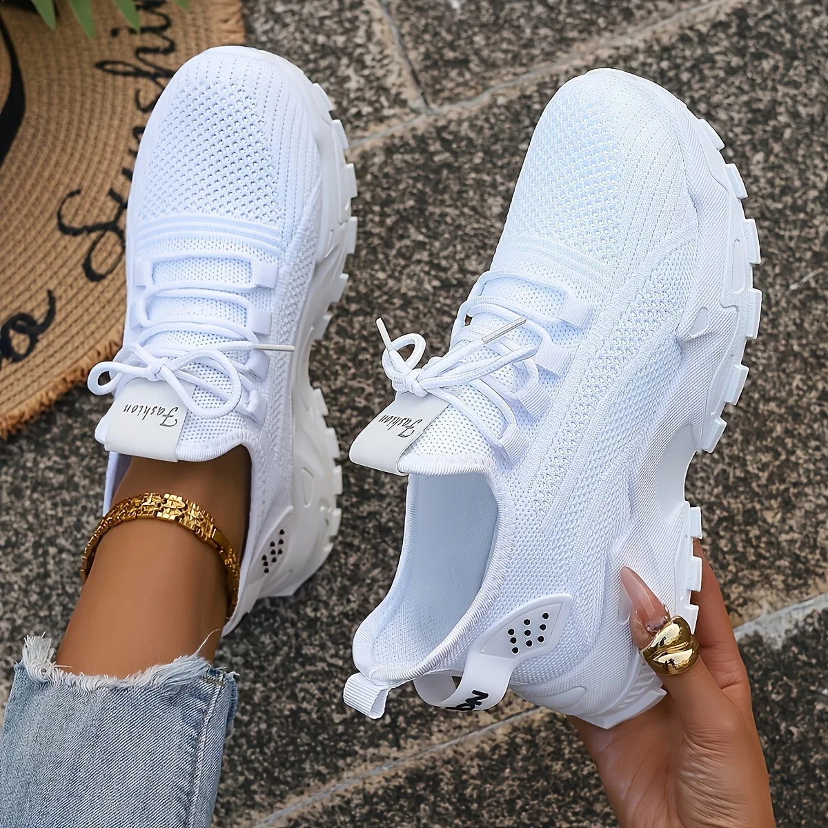 Women Chunky Platform Dad Sneakers, Knit Mesh Lace Up/Wavy Sole Casual Shoes Thick Bottom Non-slip Walking Trainers