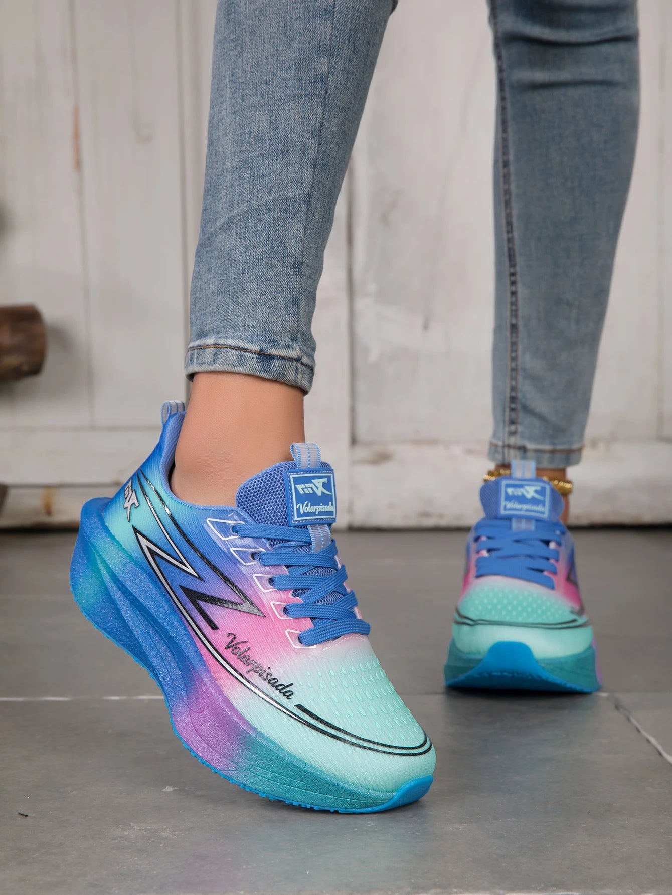 Women Gradient Lightning Print Running Sneakers Breathable/Flying Weave Mesh Light Cushion Non Slip Shock Absorb Athletic Shoes
