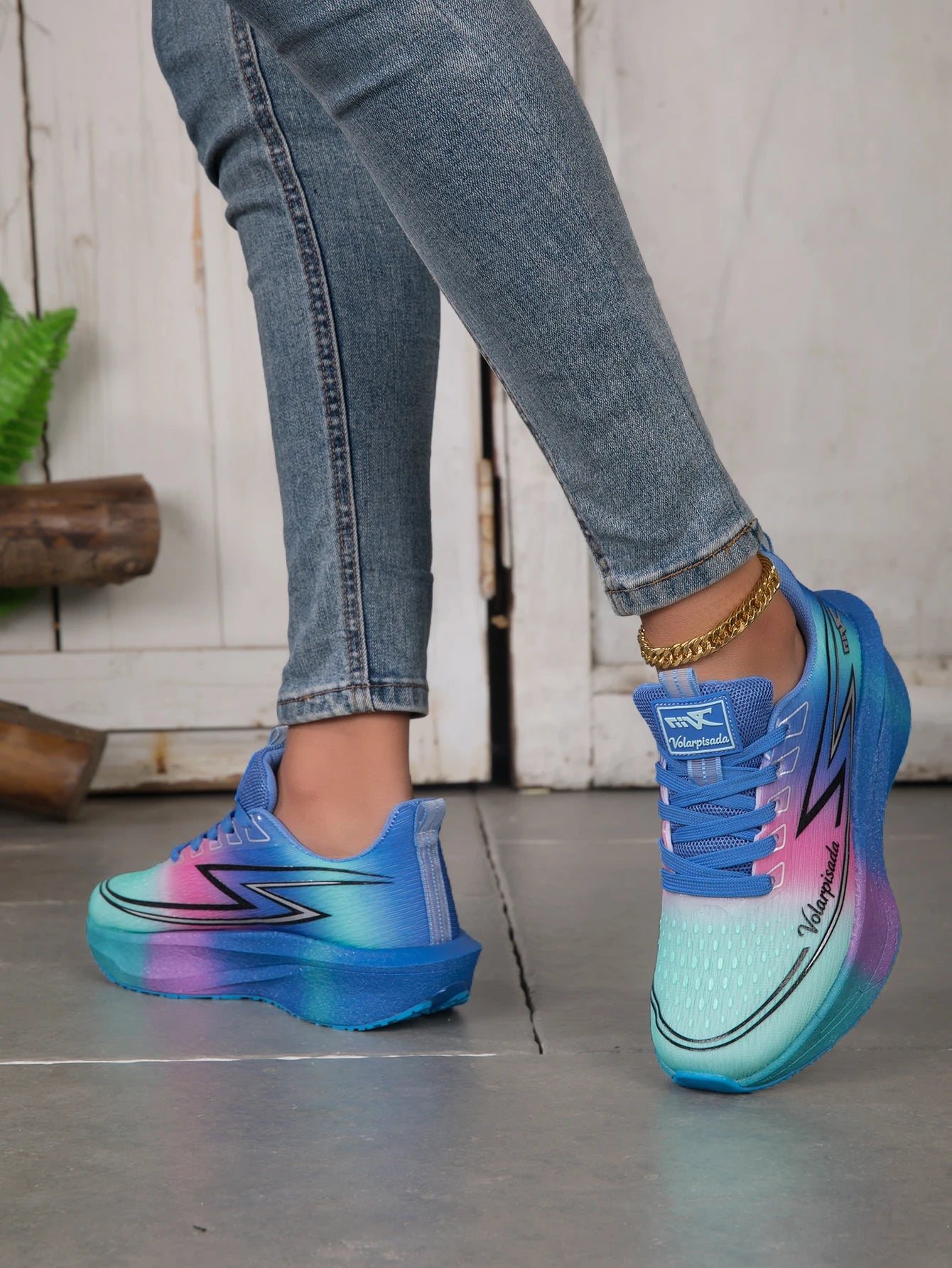 Women Gradient Lightning Print Running Sneakers Breathable/Flying Weave Mesh Light Cushion Non Slip Shock Absorb Athletic Shoes