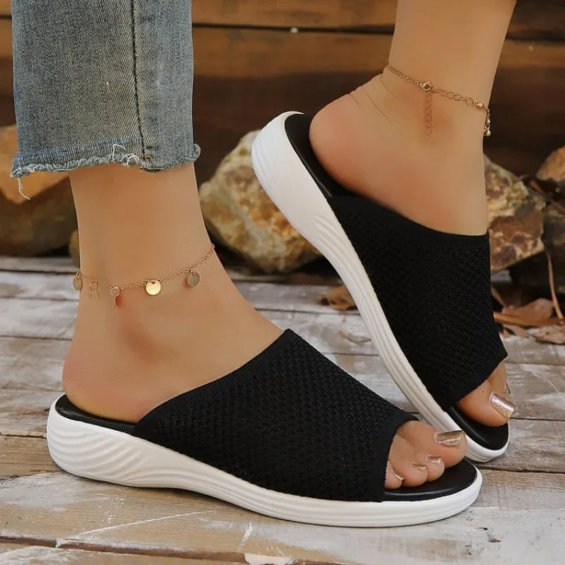 Women's Knitted Breathable Mesh Slide Sandals Soft Flat Sandals/with Open Toe Platform Non-Slip Light Casual Summer Beach Shoes